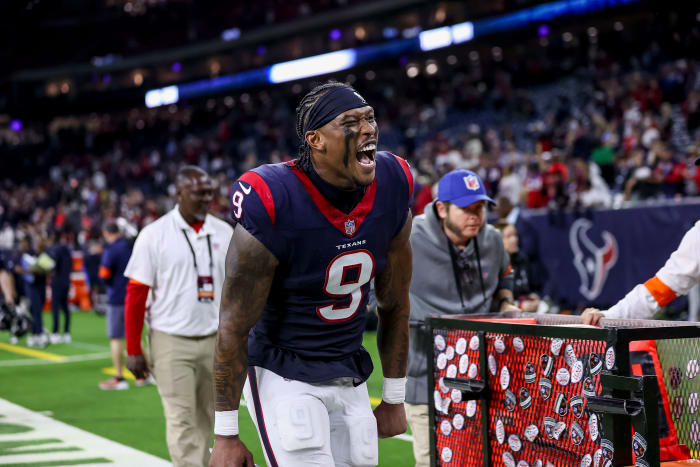 Houston Texans tight end Brevin Jordan (9) celebrates their win against the Cleveland Browns in a 2024 AFC wild card game at NRG Stadium.